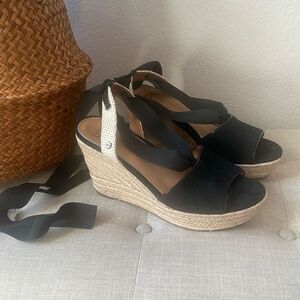 UGG Black Wedge Espadrilles with Ribbon Tie